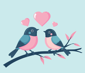 Obraz premium Two adorable vector birds in love sit on a branch facing each other, with hearts above them. Romantic vector illustration is perfect for Valentine's Day cards, wedding invitations, love-themed design