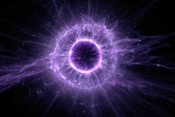 Abstract cosmic burst A glowing purple sphere emits radiating energy against a dark, starry backdrop, intense and vibrant
