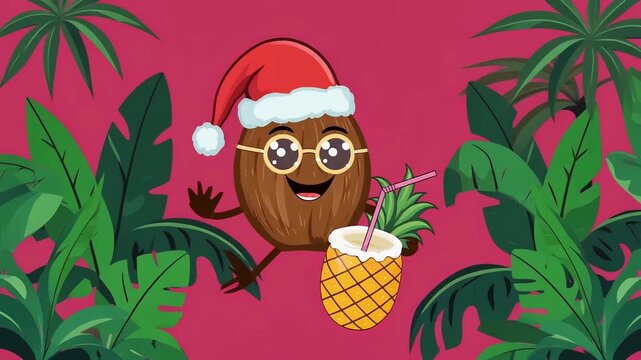 Festive Coconut Character Enjoying Tropical Christmas Drink in Paradise.