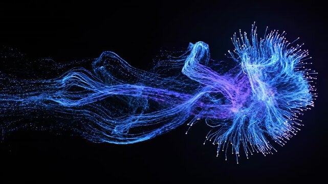 Seamless loop of glowing blue and purple particle strands flowing slowly across a deep black background creating an aura of abstract presence background, flow, deep black background