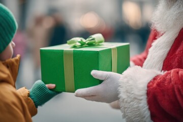 Santa Claus presents a festive green gift box to a child with a joyful holiday spirit. MZ 