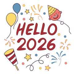 Happy new year 2026 celebration text with festive icons