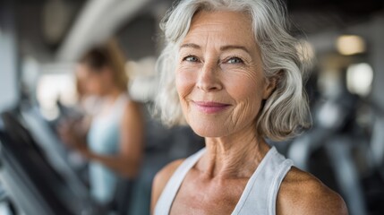 An active older woman smiles in a gym filled with exercise equipment showcasing vitality and joy.