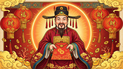 Fototapeta premium Chinese God of Wealth holding red envelope