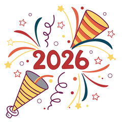Festive party poppers bursting with the year 2026 typography