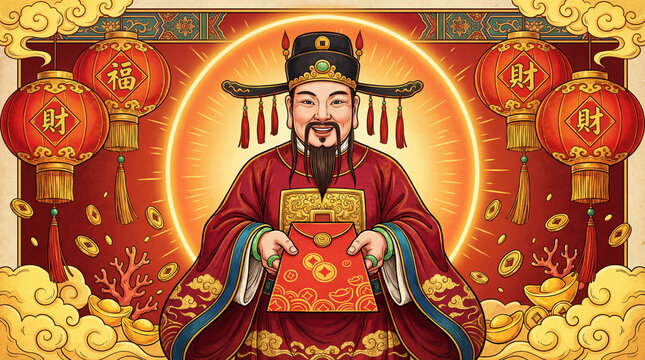 Chinese God of Wealth holding red envelope