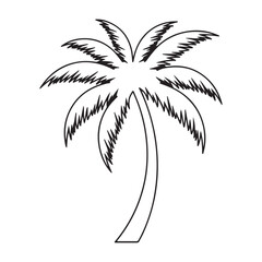 Stylized, minimalist black and white outline illustration of a tropical palm tree, featuring a curved trunk and fronds, perfect for design elements related to summer, vacation, and exotic destinations