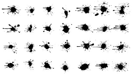 Set of black round ink splashes and drops of round shapes made with brush. Blobs and spatters. Design element. Isolated illustration