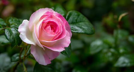 Close up vibrant soft pink and white rose in full bloom with dew drops in lush green garden