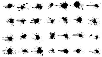 Big collection of Ink splashes and drops. Grunge ink splatter, liquid drip splash, black blots and splashes. Artistic ink spots  illustration set