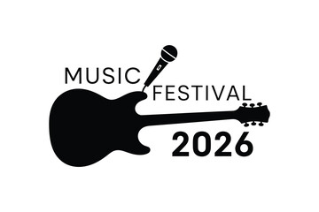 Silhouette of electric guitar and microphone announcing music festival 2026