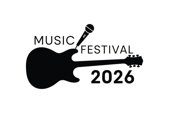 Silhouette of electric guitar and microphone announcing music festival 2026 - Powered by Adobe