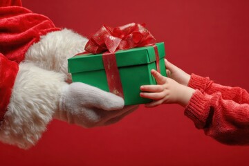 Santa Claus presents a festive green gift box to a child with a joyful holiday spirit. MZ 