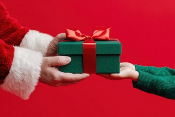Santa Claus presents a festive green gift box to a child with a joyful holiday spirit. MZ 
