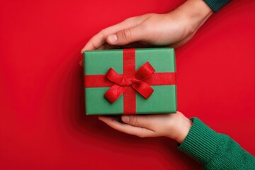 Santa Claus presents a festive green gift box to a child with a joyful holiday spirit. MZ 