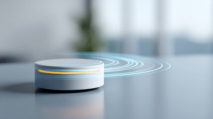 Modern smart home device with circular design emitting digital signal waves on reflective surface in bright room