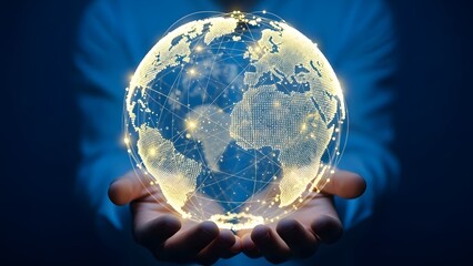 Human hands holding a glowing, interconnected digital globe representing global communication and technological advancement.