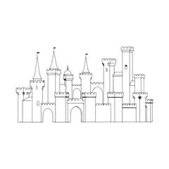 Enchanting architectural outline of a majestic fantasy palace, a grand medieval fortress with numerous turrets and intricate wall details, perfect for inspiring storytelling and fairytale themes