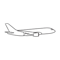 Isolated outline of a modern commercial passenger airplane flying with its engines visible, a sleek and streamlined air travel icon for your design needs