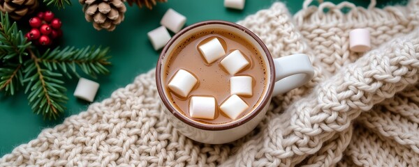 Fototapeta premium Hello Winter festive scene with mug cocoa marshmallows sweater knit blanket and pine branches on green background.