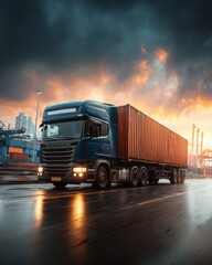 Truck transporting shipping container through industrial area. Intermodal transportation connecting port to inland destinations freight distribution network for global supply chain logistics concept.M