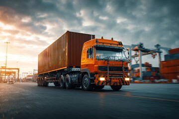Truck transporting shipping container through industrial area. Intermodal transportation connecting port to inland destinations freight distribution network for global supply chain logistics concept.M