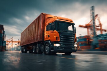 Truck transporting shipping container through industrial area. Intermodal transportation connecting port to inland destinations freight distribution network for global supply chain logistics concept.M