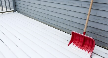 Red snow shovel leaning on a fresh snowy wooden deck for winter home maintenance concept and cold weather preparation