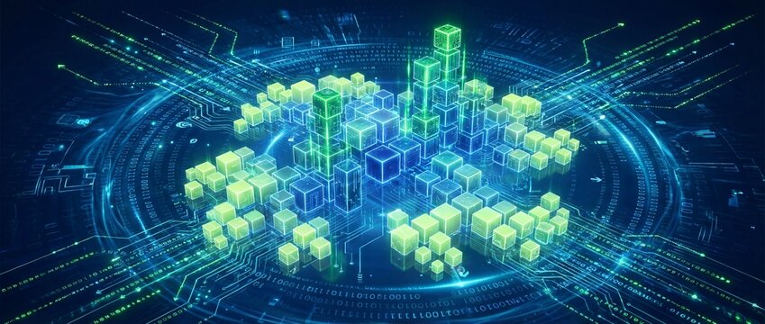 Digital city with glowing cubes and circuit patterns