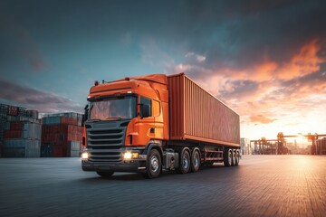 Truck transporting shipping container through industrial area. Intermodal transportation connecting port to inland destinations freight distribution network for global supply chain logistics concept.M