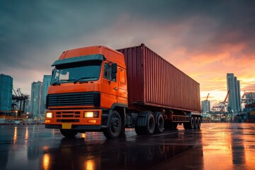 Truck transporting shipping container through industrial area. Intermodal transportation connecting port to inland destinations freight distribution network for global supply chain logistics concept.M