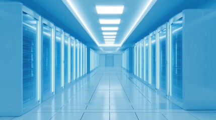 A futuristic corridor filled with glowing blue lights and rows of sleek server racks stands ready for data processing.
