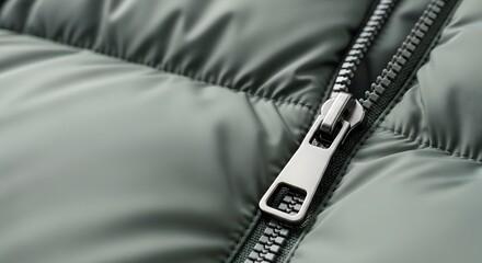 Macro detail of a high-quality metallic zipper pull on a stylish quilted winter jacket for warmth and cold weather gear concept