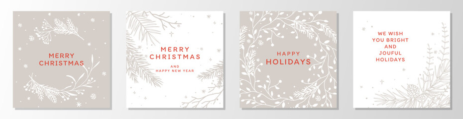 Set of Christmas cards. New Year's winter elegant cards with snowflakes and fir tree branches on a neutral pastel beige and white background. Vector illustration