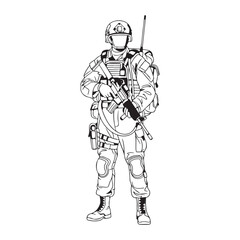 A stylized black and white illustration of a modern soldier in full combat gear, equipped with a rifle and backpack, ready for duty in a depiction of military readiness