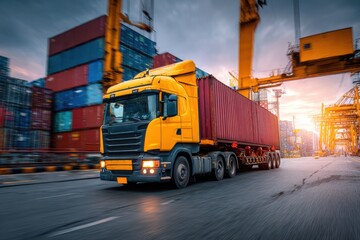 Truck transporting shipping container through industrial area. Intermodal transportation connecting port to inland destinations freight distribution network for global supply chain logistics concept.M