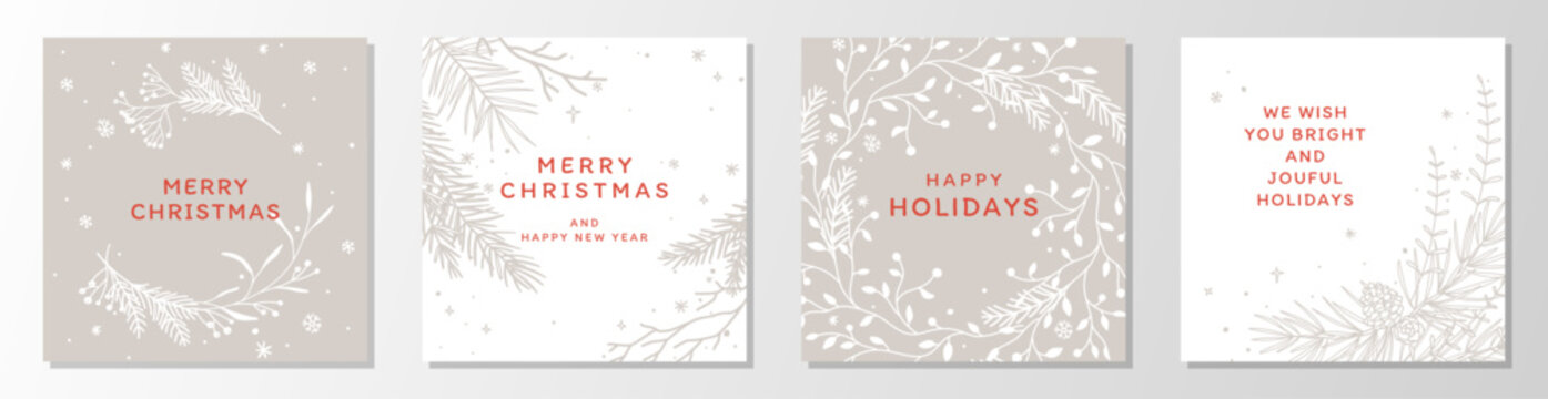 Fototapeta Set of Christmas cards. New Year's winter elegant cards with snowflakes and fir tree branches on a neutral pastel beige and white background. Vector illustration