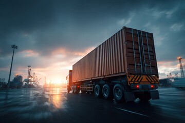 Truck transporting shipping container through industrial area. Intermodal transportation connecting port to inland destinations freight distribution network for global supply chain logistics concept.M