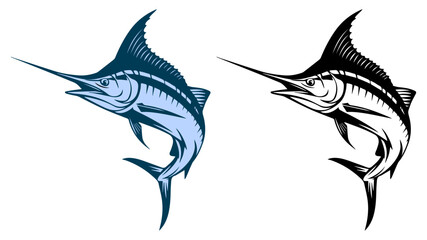 Swordfish and Blue Marlin Fishing Vector Illustration, Powerful Sport Fishing Ocean Fish Mascot Logo Design for T-Shirt, Emblem and Outdoor Branding Isolated on White Background