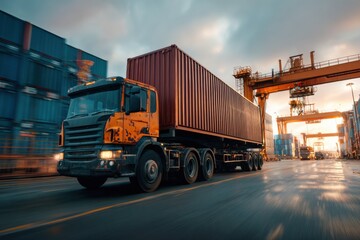 Truck transporting shipping container through industrial area. Intermodal transportation connecting port to inland destinations freight distribution network for global supply chain logistics concept.M