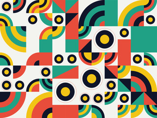 Retro Abstract Geometric Pattern Featuring Circles and Arcs in a Vibrant Color Palette
