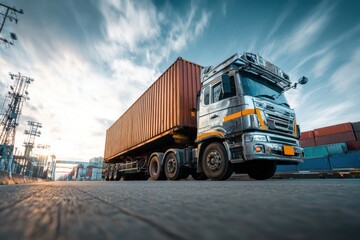 Truck transporting shipping container through industrial area. Intermodal transportation connecting port to inland destinations freight distribution network for global supply chain logistics concept.M