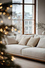 Luminous Hygge: Scandinavian Living Room with Low-Profile Sofa and Christmas Bokeh in Warm Tones