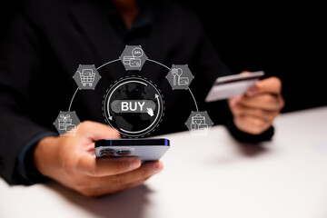 A person holding a smartphone and a credit card, visualizing online shopping with various icons related to e-commerce.