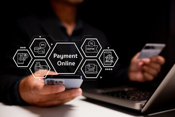 A person using a smartphone to make an online payment, with digital icons representing various online transaction services displayed.