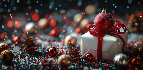 Merry Christmas and Happy Holidays greeting card, frame, banner. New Year. Red Christmas decorations, gift box