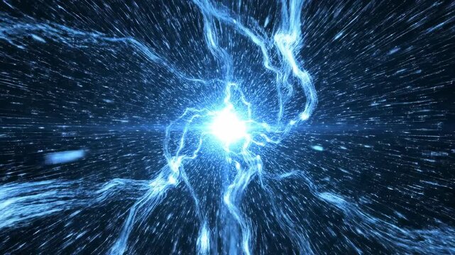Seamless loop of glowing blue neural data streams and fiber optic threads converging rapidly toward a brilliant central white singularity point energy, blue light, success