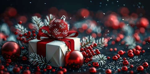 Merry Christmas and Happy Holidays greeting card, frame, banner. New Year. Red Christmas decorations, gift box