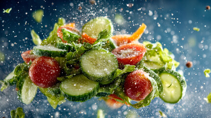 Fresh salad mix featuring vibrant cucumber slices, cherry tomatoes, and leafy greens sprinkled with seasoning captured mid-air against a soft blue background