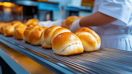 Freshly baked artisan bread rolls moving along a modern conveyor belt system in a commercial bakery with professional bakers overseeing the efficient food production process